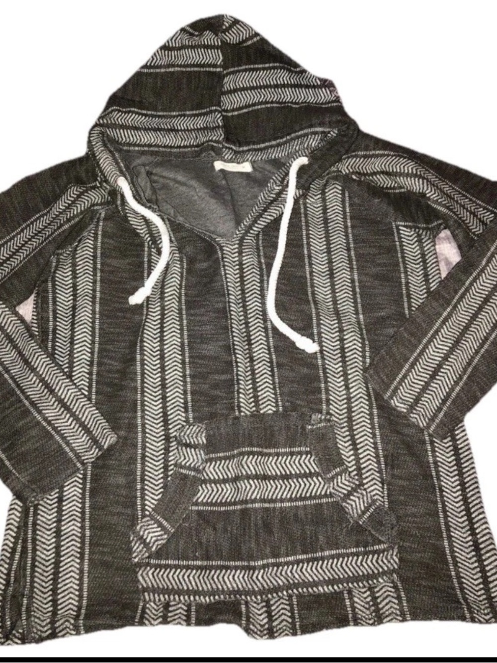 Ocean Drive Women’s Small Baja Hoodie Gray Striped Woven Pullover Boho